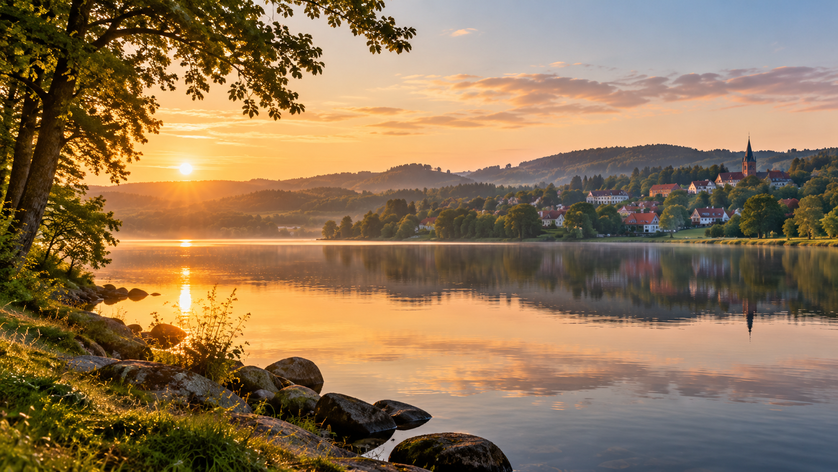 AI-genereret stemningsbillede af Skanderborg Sø ved daggry; illustrativt, ikke et dokumentarfoto
